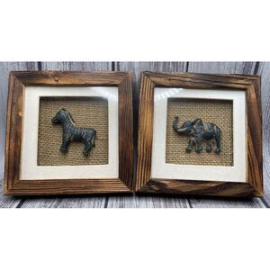 2 Small 3 Dimensional Art Pictures of Elephant &‎ Zebra 4 5/8" Square